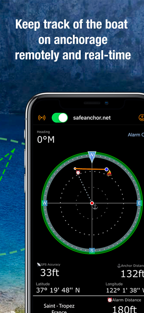 Écran d'iPhone montrant l'interface de l'application SafeAnchor avec le suivi à distance du bateau en temps réel et le radar d'ancre