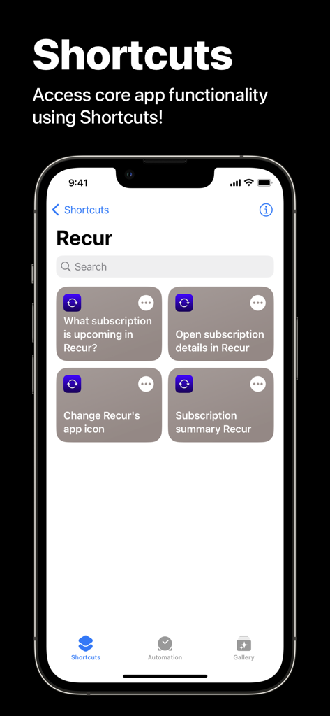 Subscription Manager - Recur - iPhone screen displaying Recur app shortcuts for automated subscription management