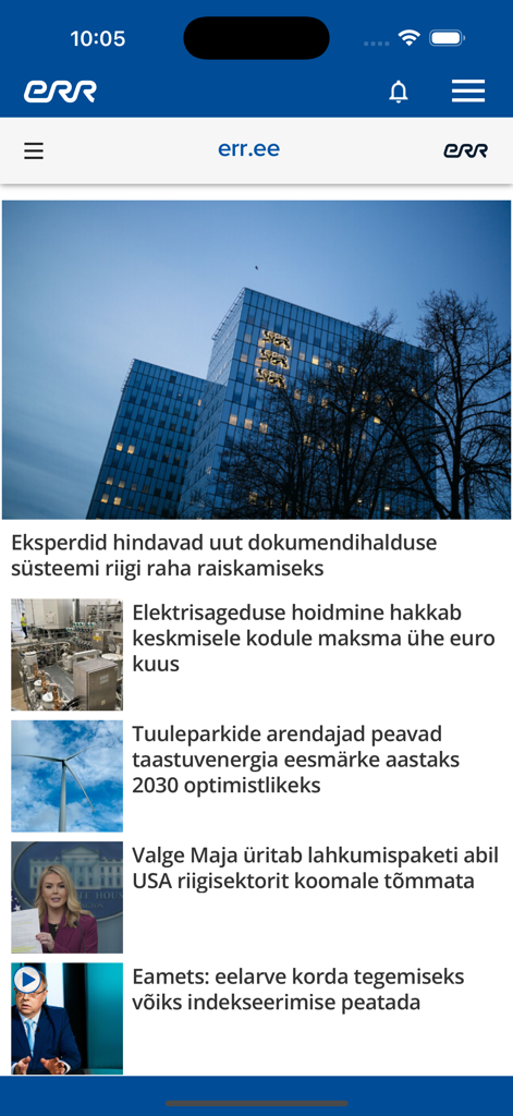 ERR Uudised - エストニア語の最新ニュースの見出しと記事を表示するERR Uudisedモバイルアプリのインターフェース