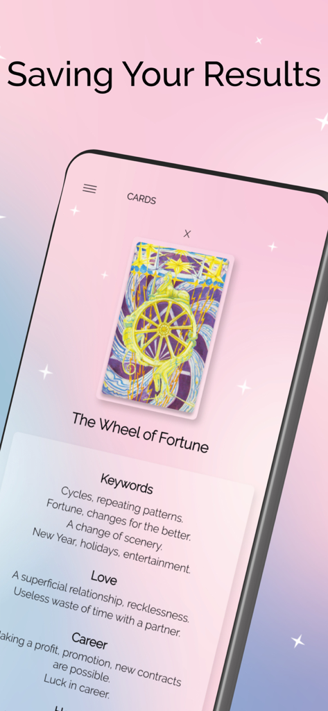 Tarot Line - Tela do aplicativo Tarot Line mostrando uma leitura salva para a carta A Roda da Fortuna com palavras-chave e interpretações para amor e carreira