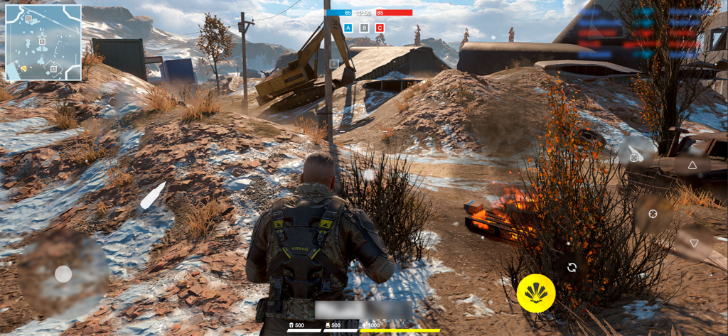 Battle Prime: Shooting games - Third-person view of Battle Prime gameplay showing realistic graphics and tactical combat in a snowy industrial environment