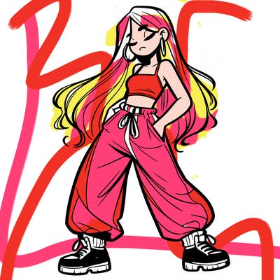 girl in baggy pants crop top and long hair