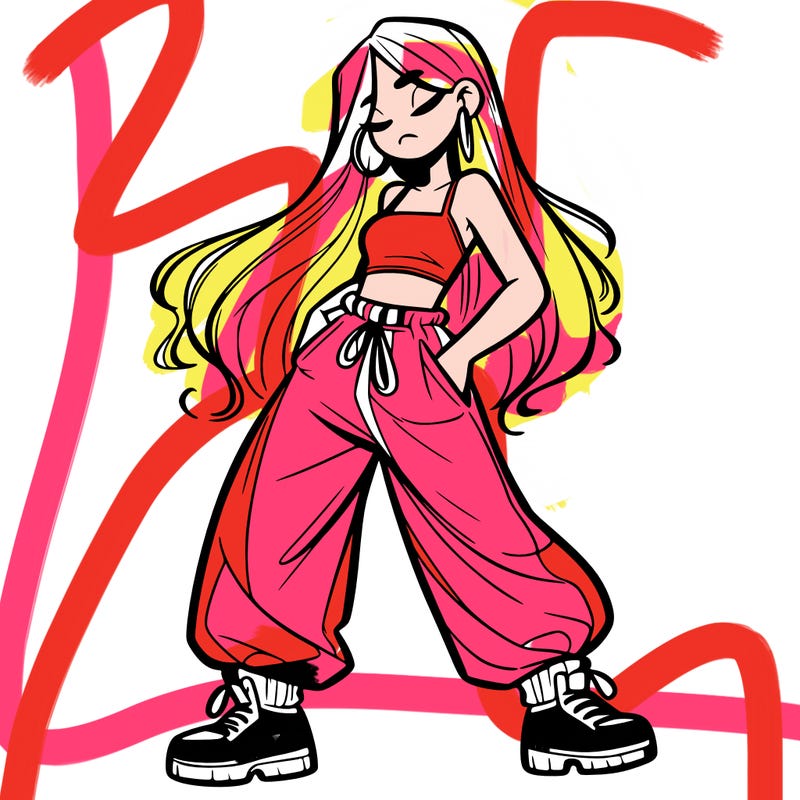 girl in baggy pants crop top and long hair