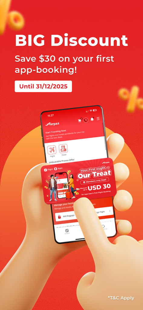 Airpaz: Flight & Hotel Booking - 初回予約での30ドル割引を表示しているAirpazアプリの画面。