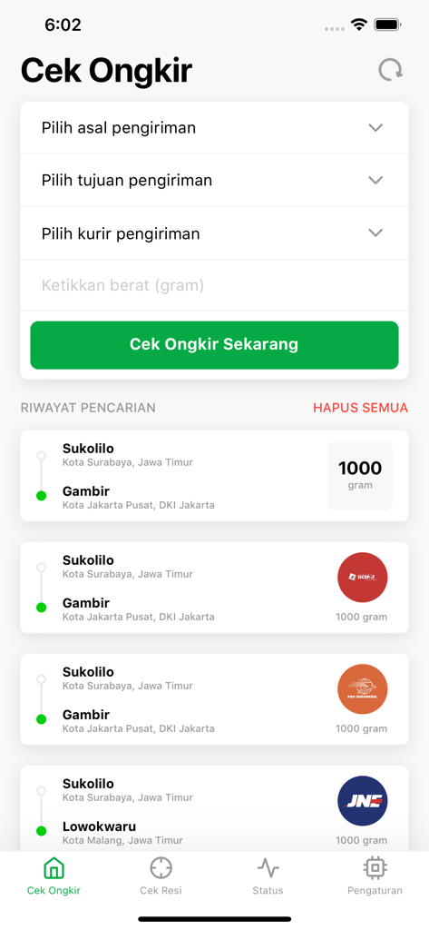 Kiriman+ - Kiriman+ mobile app screen showing the shipping cost calculation tool and recent history.