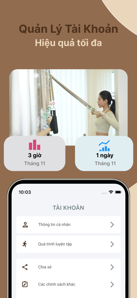 La Bella - La Bella Pilates app interface showing user profile settings and training history statistics