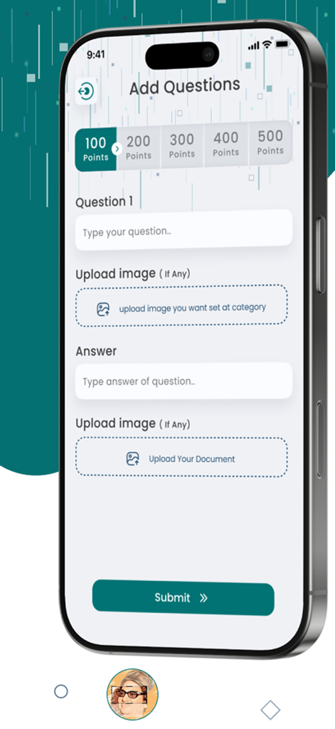 Anasa W Anasa App-Bildschirm zum Hinzufügen von Trivia-Fragen mit Punktwerten und Bild-Uploads