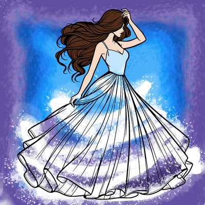 realistic woman with dress flowing in the wind