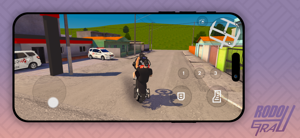 A player performing a high-angle motorcycle wheelie on a city street in RodoGrau Online.