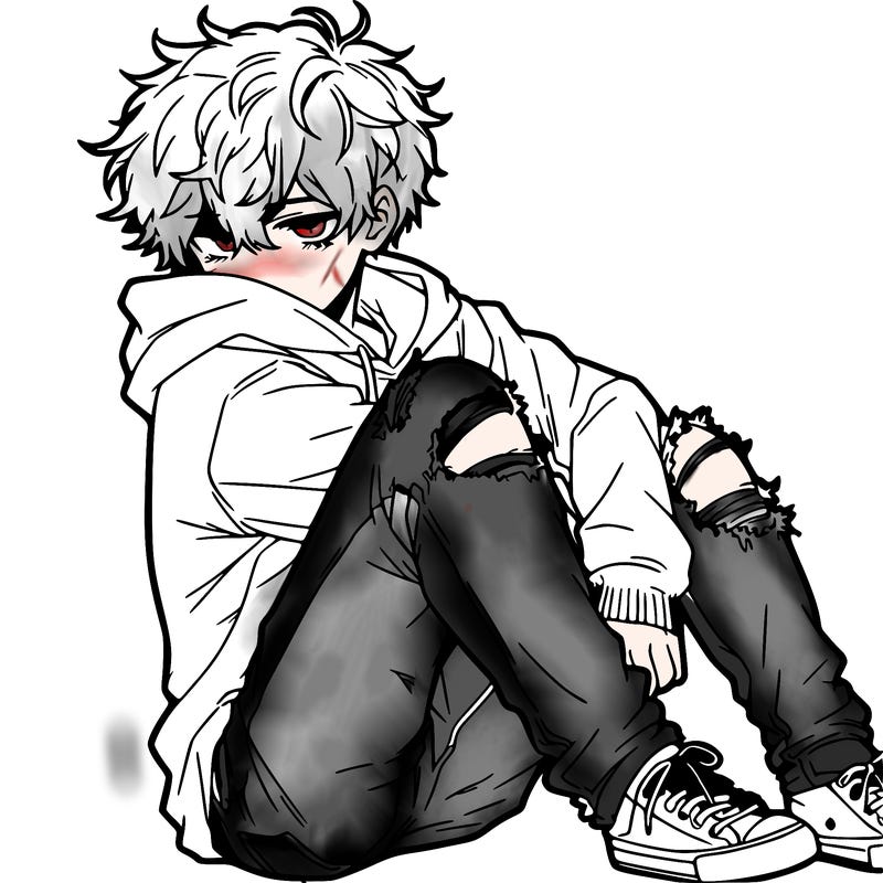 a male hoddie ripped jeans messy hair anime