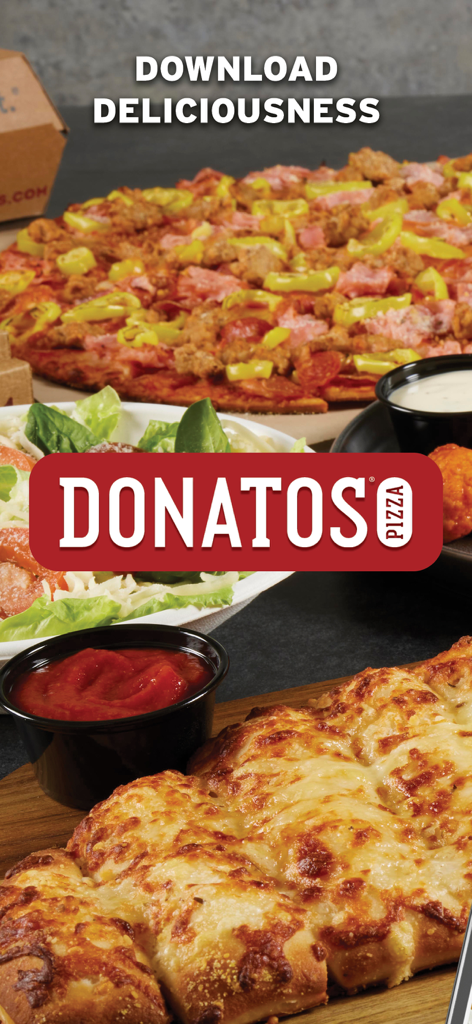 Donatos Pizza app promotional screen featuring a large pizza with toppings and cheesy bread with marinara sauce