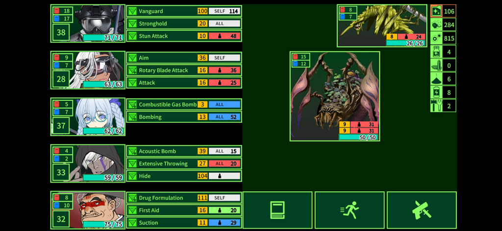 METRO QUESTER - Hack & Slash - A retro-style battle screen in METRO QUESTER showing party member stats and skills against two insectoid enemies on a green terminal interface.
