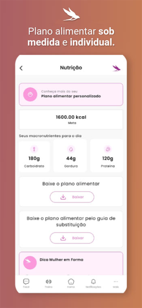 Mulher Em Forma - Mobile app screen showing a personalized nutrition plan with calorie and macronutrient targets in Portuguese.