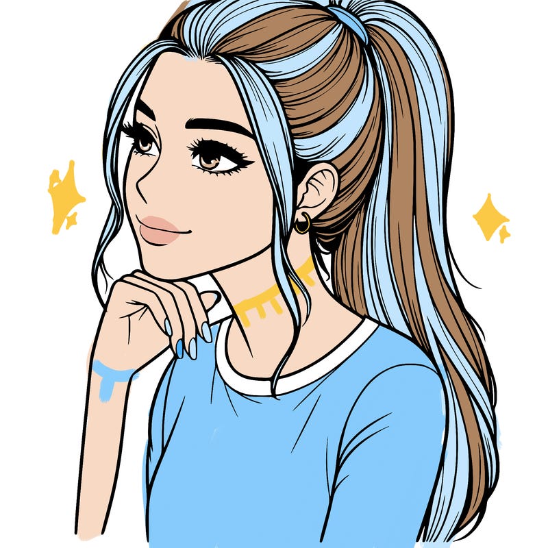 realistic woman with ponytail and her chin resting on her hand