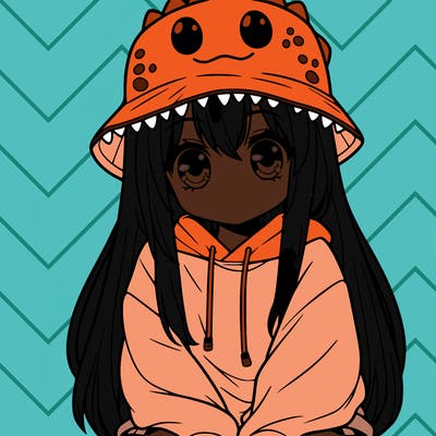 girl with anime shaped eyes with a dinosaur bucket hat oversized sweatshirt long straight hair