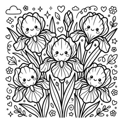Dive into a garden of cuteness with this Kawaii pink irises coloring page, designed especially for kids. Its charming flowers and delightful surrounding elements promise hours of creative fun.