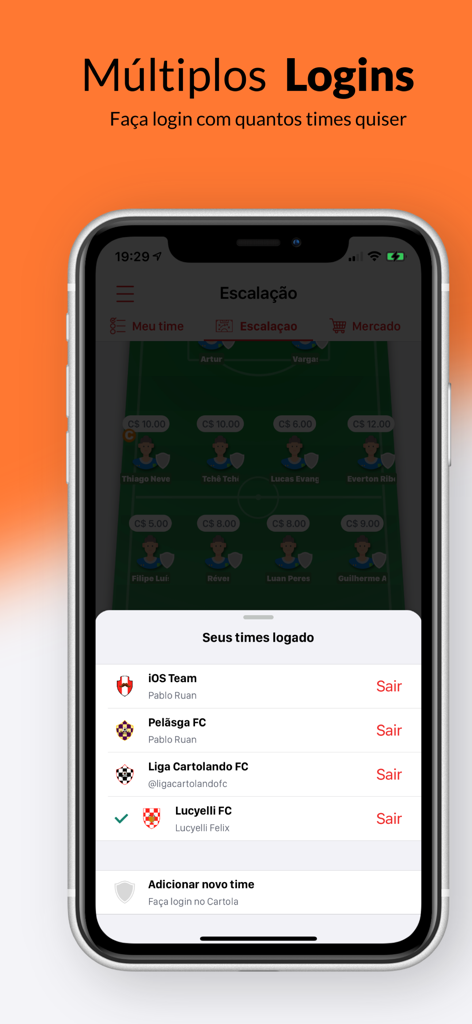 Parciais FC Cartolando - Interface of the Parciais FC Cartolando app showing the multiple team login feature for fantasy soccer