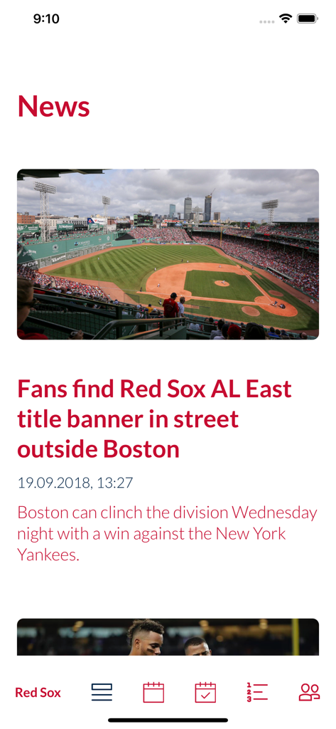 Go Sports News - Artículo de noticias sobre los Red Sox en la aplicación móvil Go Sports News