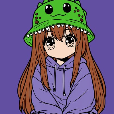 girl with anime shaped eyes with a dinosaur bucket hat oversized sweatshirt long straight hair