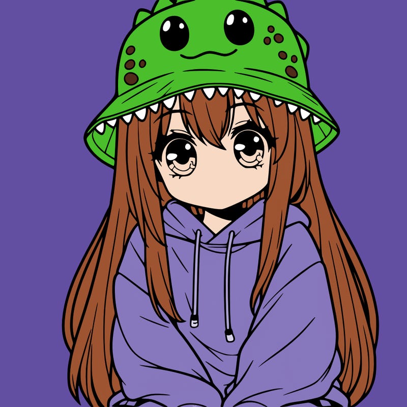 girl with anime shaped eyes with a dinosaur bucket hat oversized sweatshirt long straight hair