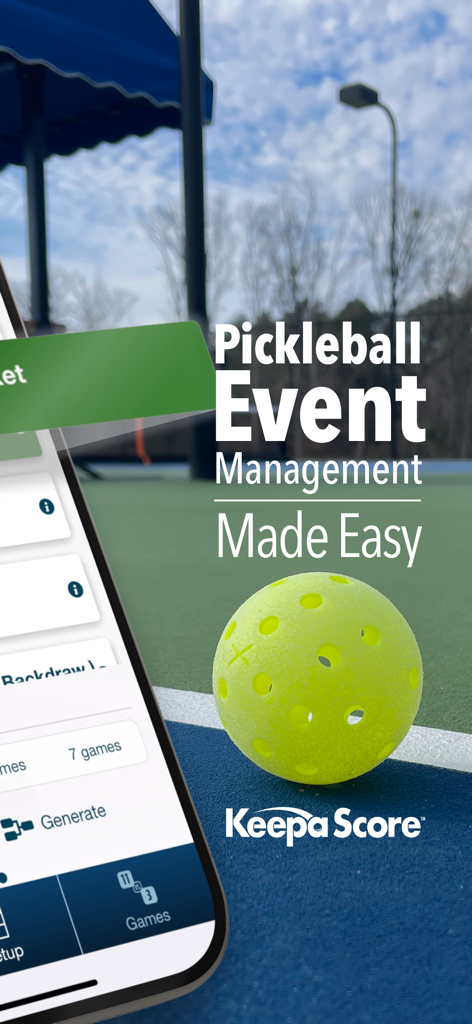 KeepaScore Pickleball Brackets - Smartphone showing KeepaScore pickleball event management app next to a pickleball on a court