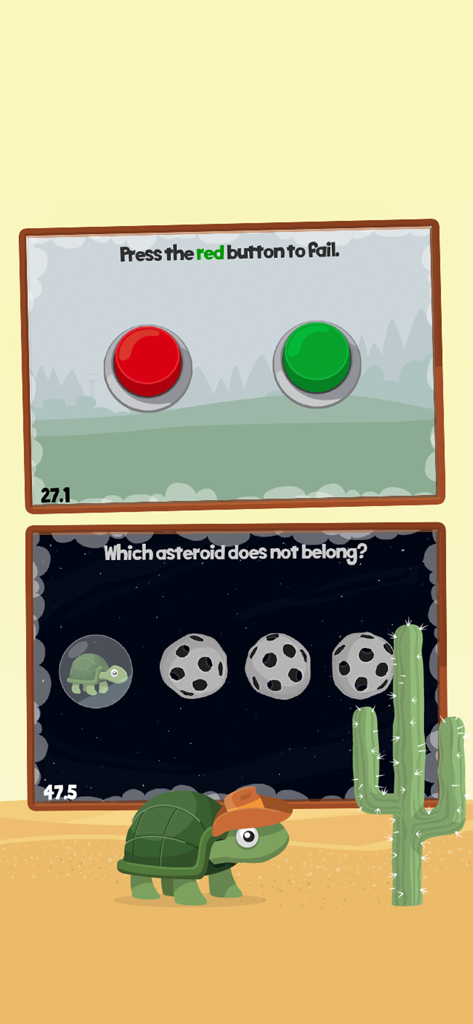 Captura de pantalla del juego The Moron Test 2 que muestra acertijos lógicos complicados y una mascota de tortuga de dibujos animados