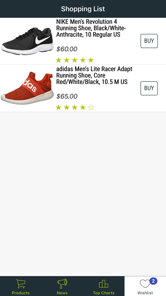 Sneakers Store - Pantalla de la app móvil mostrando una lista de compras de zapatillas Nike y Adidas con precios y botones de compra