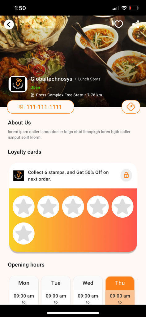 Mobile screen showing a digital loyalty stamp card for a restaurant offering discounts.