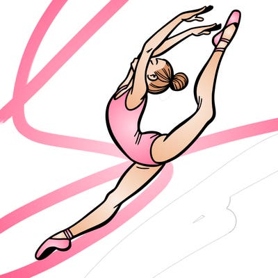 gymnast doing a leap in a leotard with a bent back leg