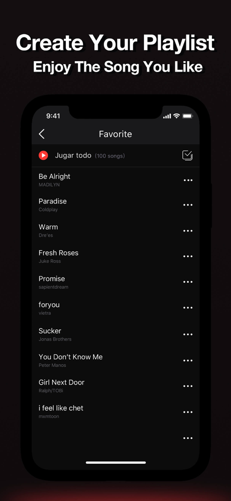 ElfSounds music player app playlist screen showing a list of favorite songs.