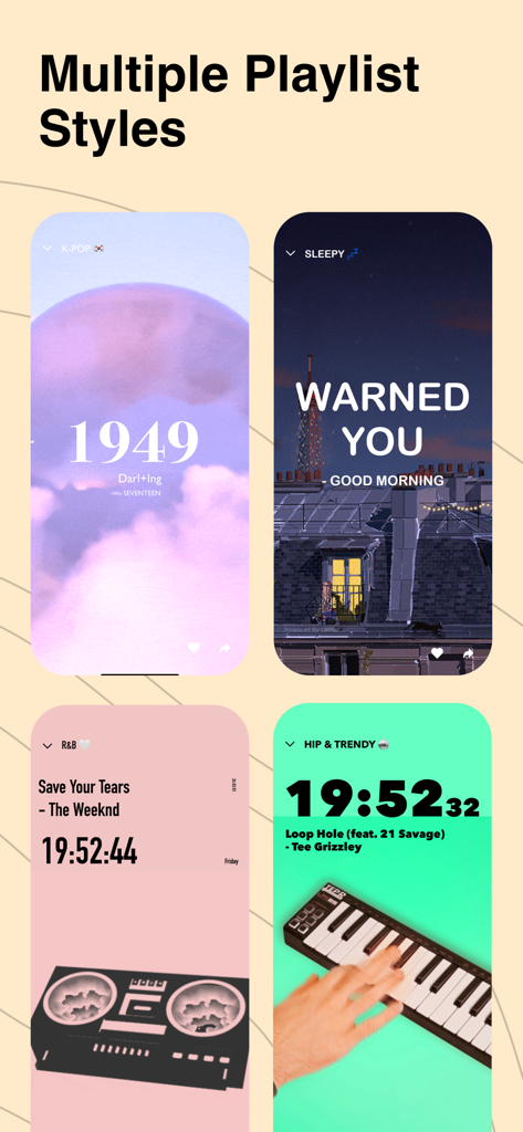 Dtd Playlist-Daily Mood Music - Quatro telas de smartphone mostrando diferentes designs de player de música estéticos para vários humores como sonolento e k-pop