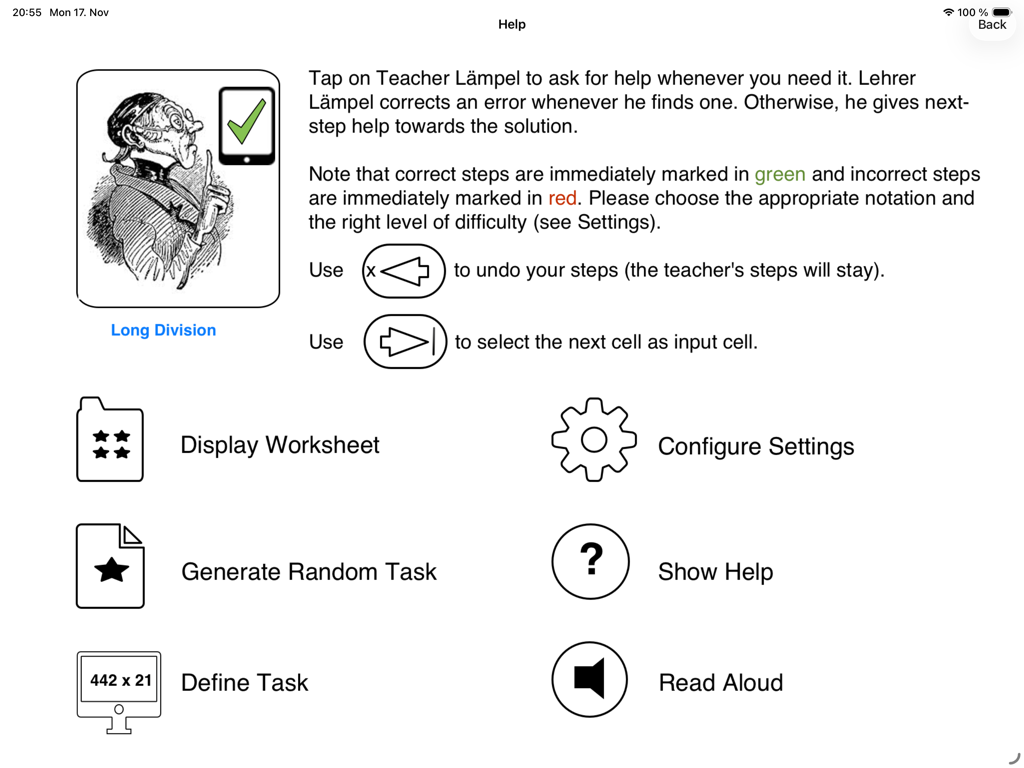 Pantalla de ayuda de la aplicación Lehrer Lämpel Division que muestra instrucciones y opciones del menú de navegación.