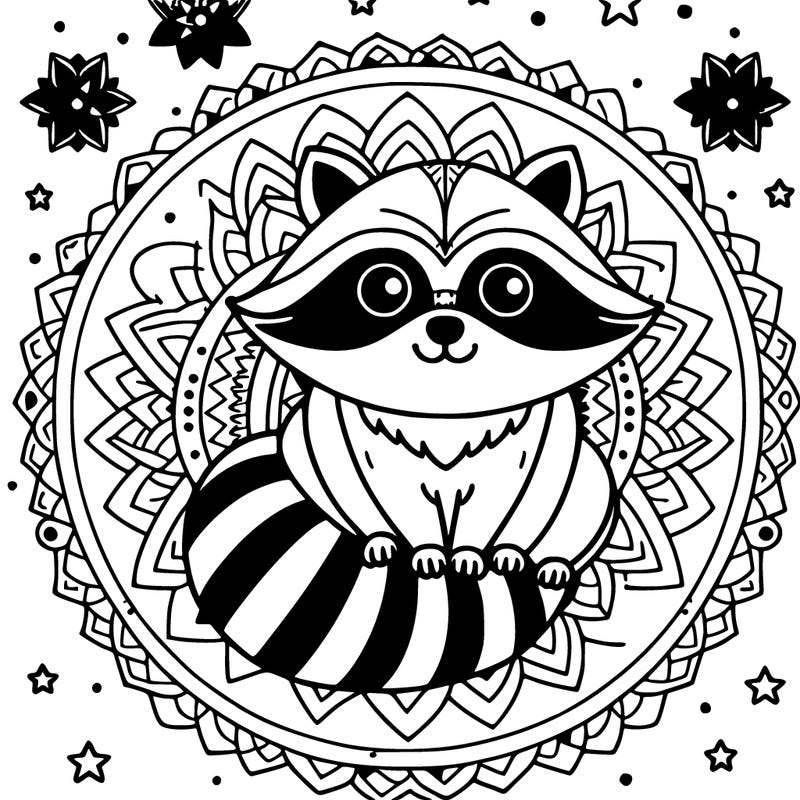 a mandala raccoon with a mandala moon and stars in the background