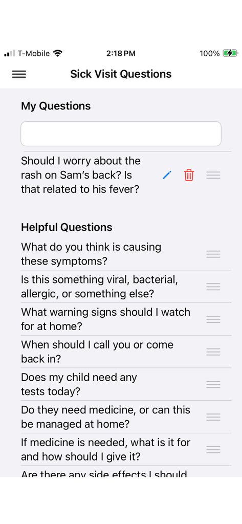 MamaMed - MamaMed app screen showing custom and suggested questions for a child's doctor visit