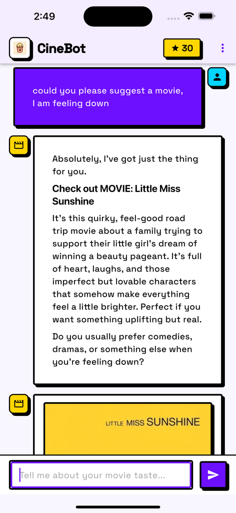 CineBot - Movie Recommender - Une interface de chat dans CineBot où un assistant IA recommande le film Little Miss Sunshine en fonction de l'humeur d'un utilisateur