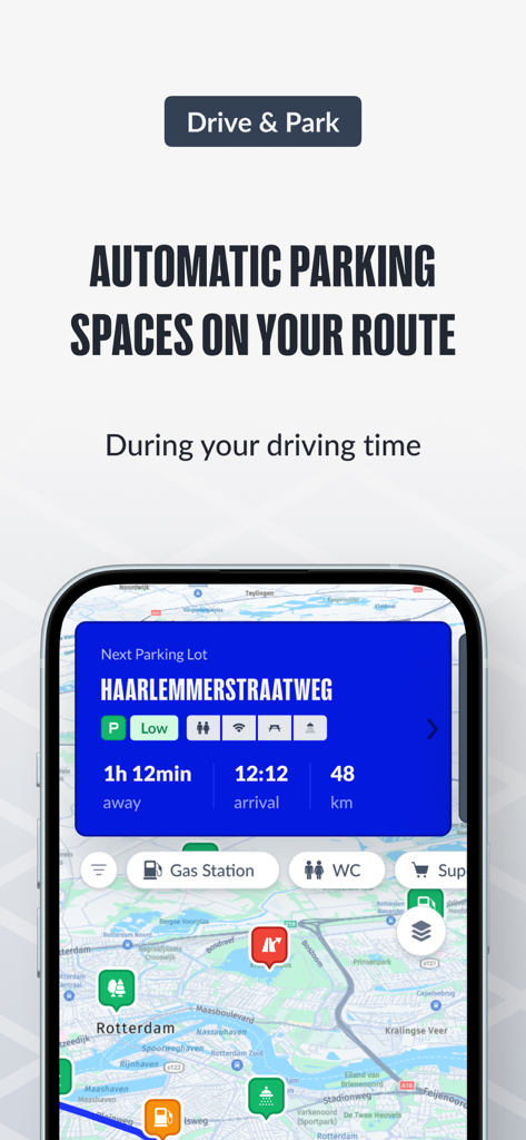 Smartphone screen displaying the LKW app with automatic parking suggestions along a truck route