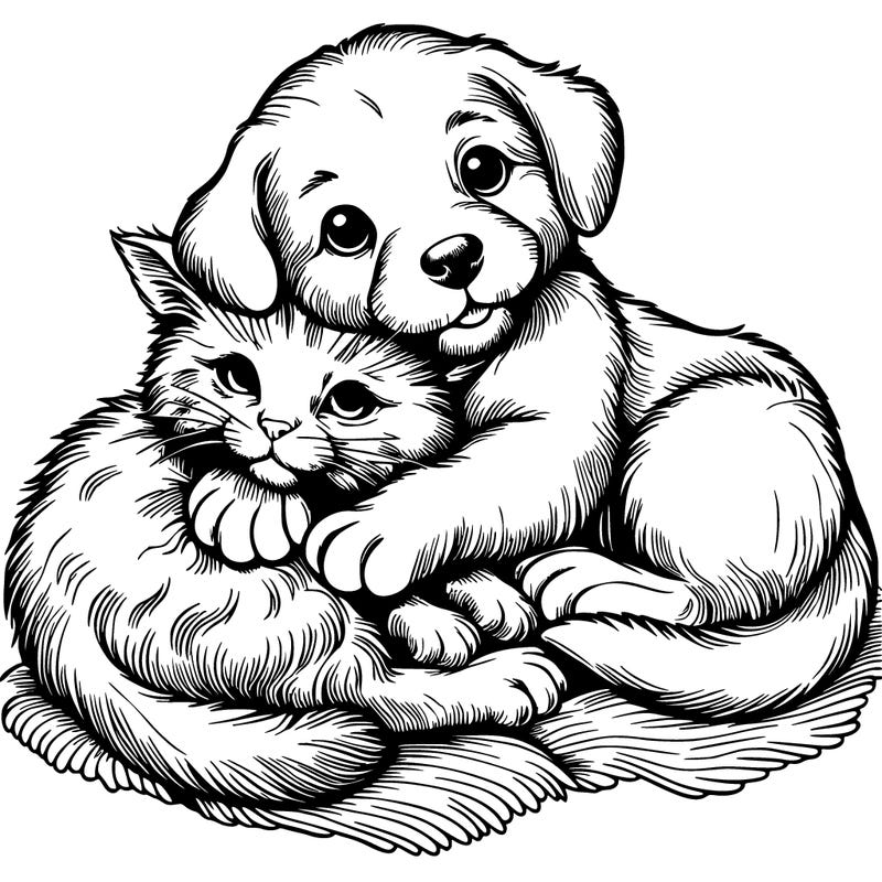 a realistic kitten and dog snuggling