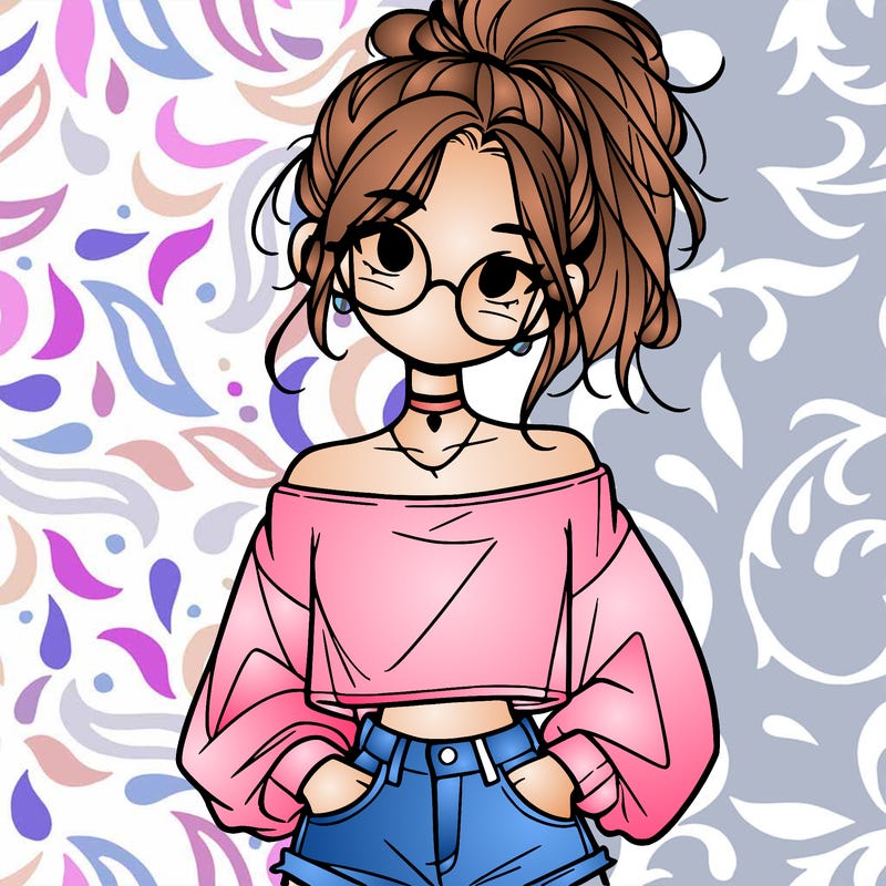 girl with a messy ponytail glasses a baggy crop top and jean shorts