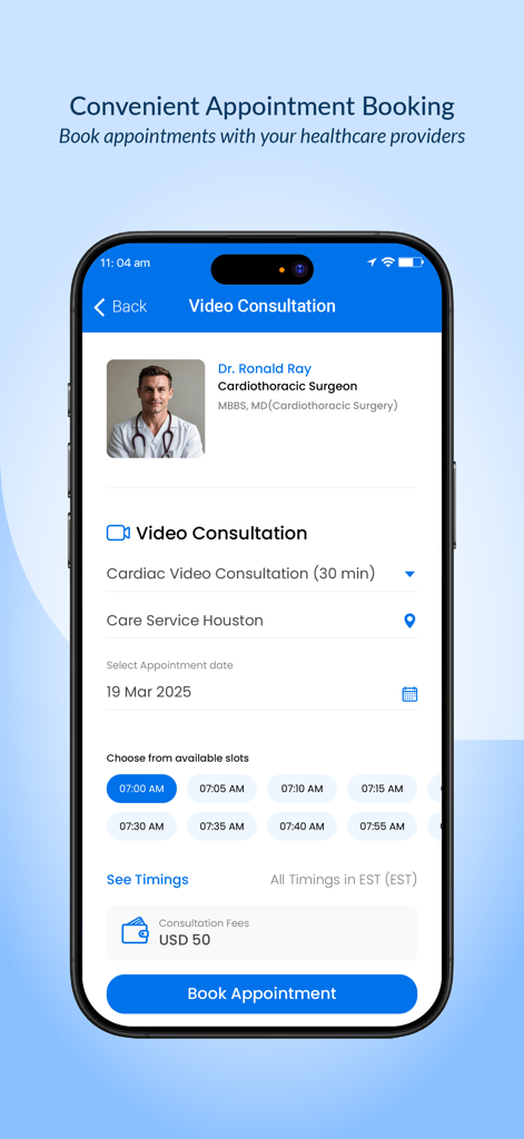 ContinuousCare Health App - Interface of the ContinuousCare health app showing the process of booking a video consultation with a cardiothoracic surgeon.