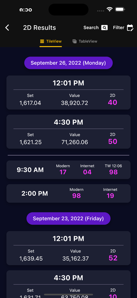 MM 2D3D - ミャンマー2D宝くじの結果と特定の時間、証券取引所データを表示するモバイルアプリ画面