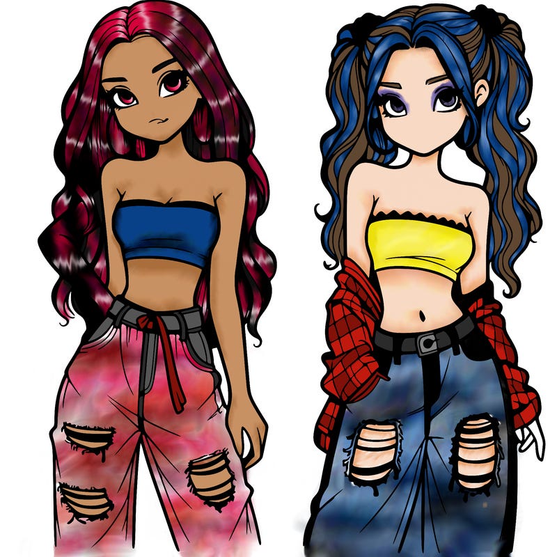 2 girls in crop tops and baggy jeans ripped