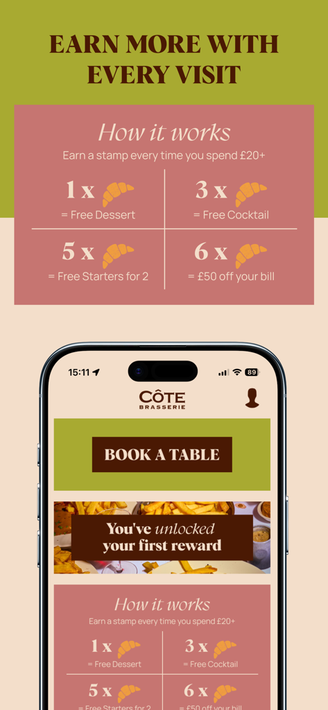Schermata del programma fedeltà dell'app mobile Cote Brasserie che mostra ricompense e sistema di timbri per dessert e bevande gratuiti