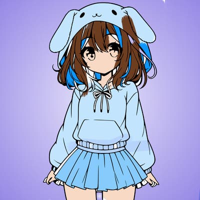 pretty anime girl wearing a fluffy hoodie with bunny ears on the hood and a skirt