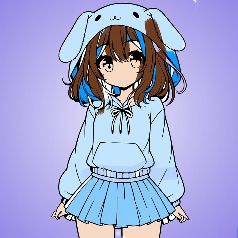 pretty anime girl wearing a fluffy hoodie with bunny ears on the hood and a skirt