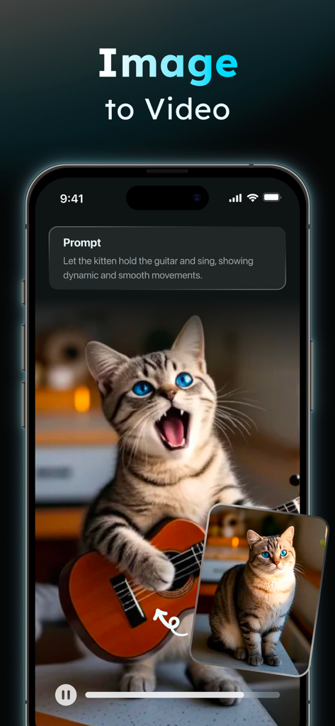 AIReel：AI Video Generator - AIReel app interface showing a cat being animated to play a guitar through the image-to-video generation feature