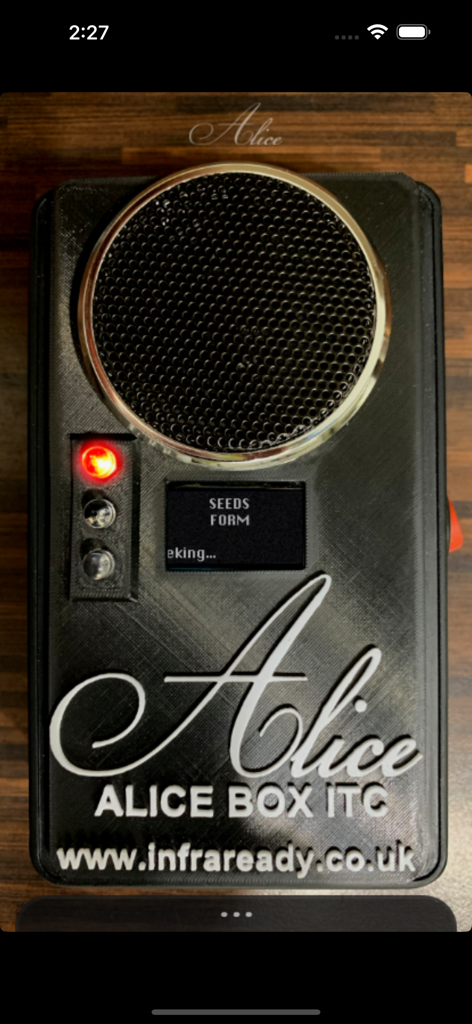 Alice Box ITC paranormal investigation device interface showing spirit communication text on a screen