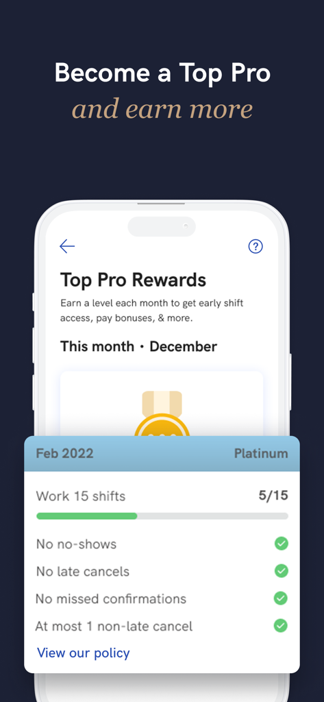 Instawork app screen displaying Top Pro rewards and Platinum level status requirements for shift-based workers