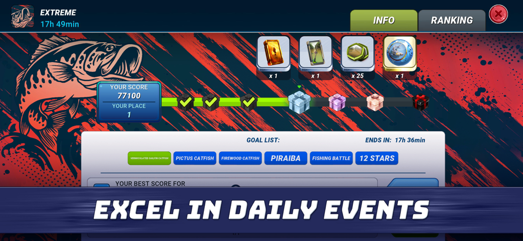 Screenshot of Fishing Clash showing daily events with a progress bar and rewards for catching various fish species like catfish.