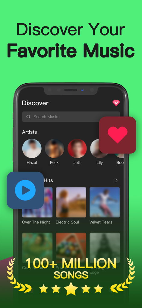 Music Tuneアプリのディスカバースクリーン。アーティストやトレンドのヒット曲を表示。