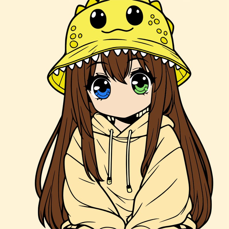 girl with anime shaped eyes with a dinosaur bucket hat oversized sweatshirt long straight hair